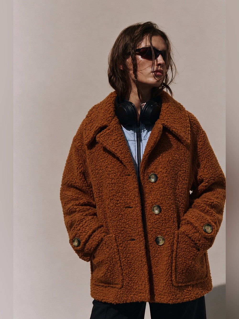 Free people Burnt Orange Shearling Sherpa Teddy Peacoat Jacket Size Medium Cozy